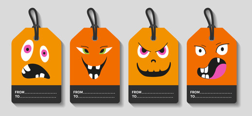 Set of Halloween Gift Tags. Emotions, cartoon faces, funny monsters. Template for greeting cards, congratulations, invitation, Stickers. Vector illustration.