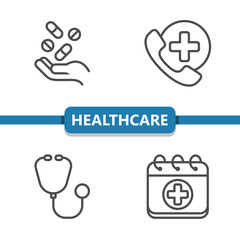 Health Care Icons. Healthcare, Hand, Pills, Drugs, Stethoscope, Appointment Vector Icon