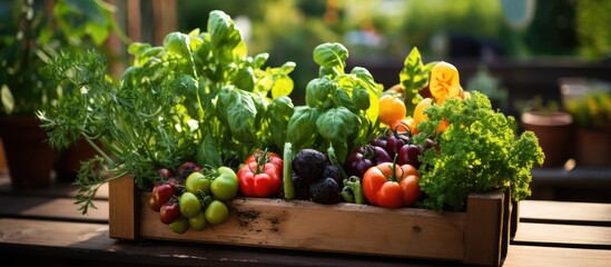 Fototapeta na wymiar Portable vegetable garden for balconies or terraces with labels box garden and city vegetable garden
