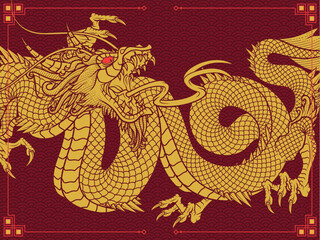 Oriental Asian golden dragon zodiac sign. Vector illustration in engraving technique of coiled serpent dragon with horns on traditional textured background.