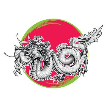 Oriental Asian dragon zodiac sign. Vector illustration in engraving technique of coiled serpent dragon with horns on circle background.