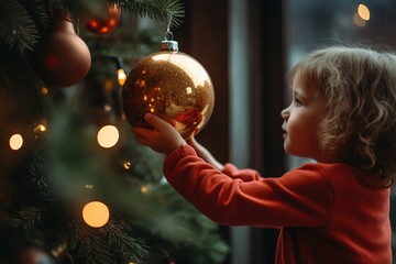 Niña sosteniendo esfera de navidad del árbol