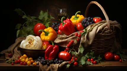 Selection of fresh fruits and vegetables in stylish basket on black background