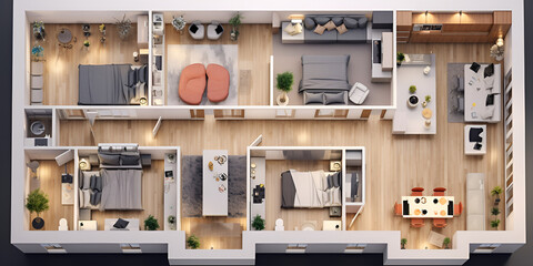 A floor plan of the new apartment at the top of the building, Floor plan of a house top view 3d illustration open concept living house layout, generative Ai