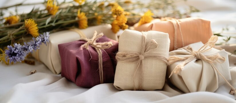 Eco friendly packaging with furoshiki colored gifts wrapped in linen fabric and dried flowers