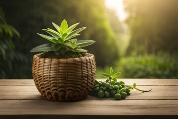 potted plant in the basket on wooden table  generated by AI