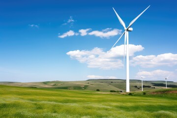 Fototapeta premium Wind turbine against a background of wide fields and clear blue sky, representing renewable energy