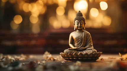 Fotobehang Close-up of bronze colour buddha on table. Copy space. Meditation, religion concept. © Peopleimages - AI