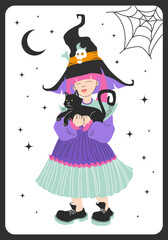 Little cute witch, Halloween party. Girl with black cat, classic hat and coloured hair. Design for greeting cards, postcards, poster for Halloween party.