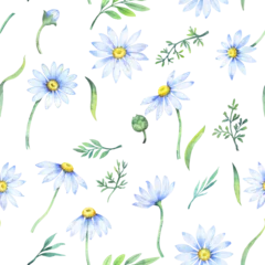 Gordijnen Watercolor daisies, Seamless pattern with watercolor camomile flowers and petals, floral pattern with daisies, wildflowers, summer print © babanova
