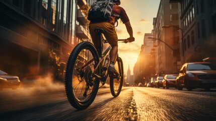 A young man rides a bicycle on a city street. Active lifestyle and sports on the go.