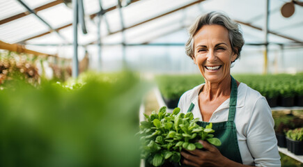 Happy Senior Gardener Woman in Greenhouse