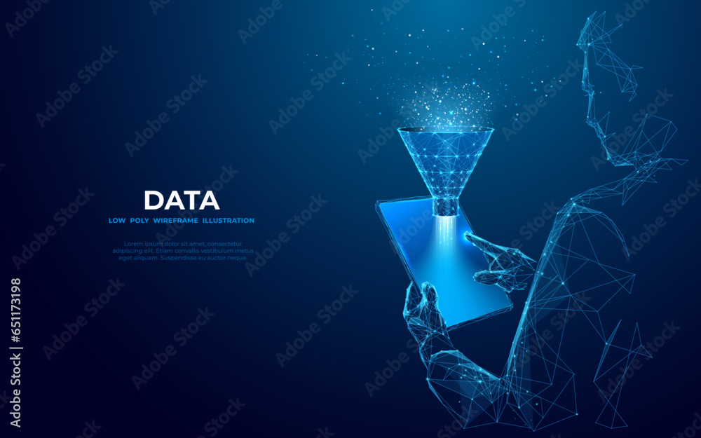 Poster Abstract close-up businessman holding tablet device with funnel on empty screen. Big data analitics concept. Vector illustration in futuristic low poly wireframe style on dark blue background.