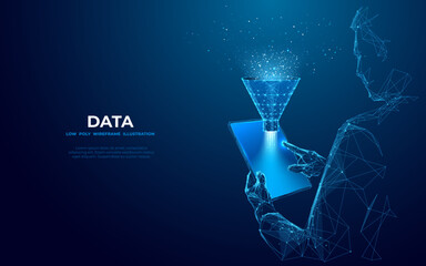 Abstract close-up businessman holding tablet device with funnel on empty screen. Big data analitics concept. Vector illustration in futuristic low poly wireframe style on dark blue background.