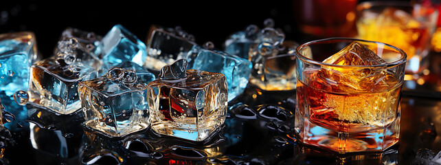 Transparent Pieces Of Ice And A Glass Of Whiskey. Generative AI