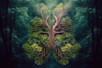 Forest trees in shape of Lungs Pair, Climate Change Concept art, Gnerative AI - obrazy, fototapety, plakaty