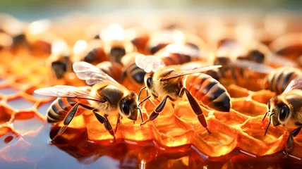 Fotobehang Closeup of honey bees on wax honeycomb with hexagonal cells for apiary and beekeeping concept.   © BlazingDesigns