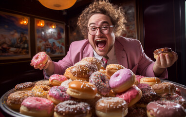 Enthusiastic man in front of a table full of donuts