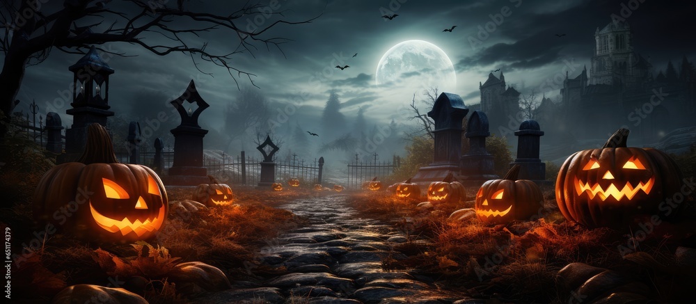 Canvas Prints Halloween pumpkins among spooky graveyard at night