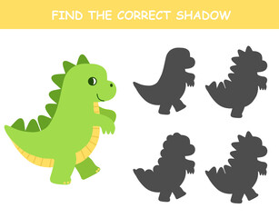 Find the correct shadow of the cute illustration of dinosaurs. Educational logic game for children. Printable worksheet.