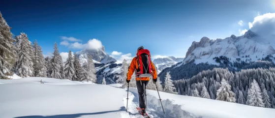 Fotobehang Mountaineer Backcountry Skiing in Snowy Alpine Landscape © Burak Kavakci
