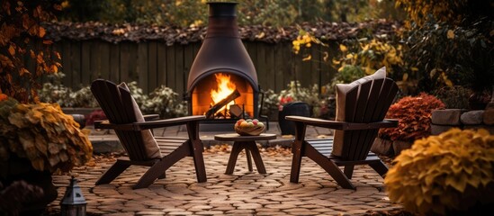 Autumn patio with chairs hearth firewoods cozy backyard for relaxing in autumn garden with fall...