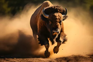 Fotobehang a bull bison running dust on ground © pics3