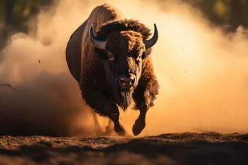 Schilderijen op glas Bull bison running dust on ground © pics3