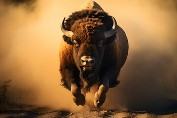 The bison running dust on ground