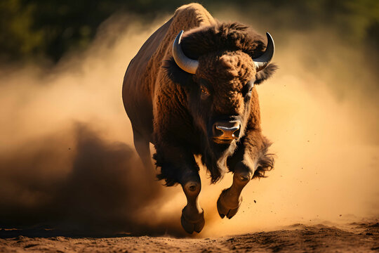 a bull bison running dust on ground