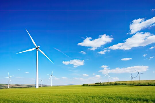 Wind turbine against a background of wide fields and clear blue sky, representing renewable energy
