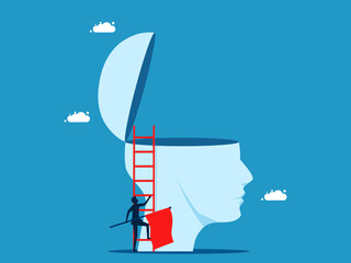 Growth mindset and career development mindset. Businessman holding a victory flag climbs the stairs on a big head. Vector