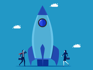 New innovation. Businessman stands and looks at the rocket. Vector illustration