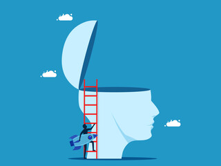 business innovations. Businessman holds a rocket in head. Vector illustration