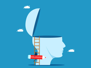 Develop thinking. woman holds pencil on his big head. vector