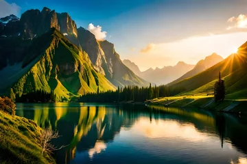 Fotobehang A breathtaking panorama unveils itself as the sky and mountains unite in a breathtaking display of color. Blue and Green Sky and Mountain. The mountains appear as ancient sentinels, their slopes cover © Muhammad