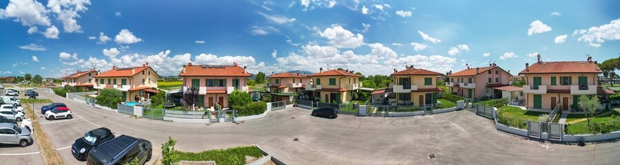 Panoramic aerial view ofa beautiful modern village in the countryside
