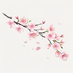 Branch with beautiful sakura flowers and falling petals, cherry blossom