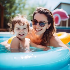 Mother and little girl enjoying summer vacation in luxury swimming pool
