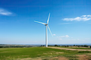 Wind turbine against a background of wide fields and clear blue sky, representing renewable energy