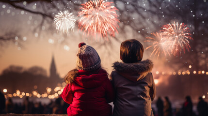 Child wonderment as they watch their first New Year fireworks display, their eyes wide with amazement and delight in a snowy park in front of firework display