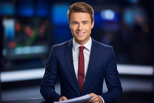 TV news presenter in action on a popular channel, engaging in live stream broadcasting on television. The presenter, a handsome guy in a suit, delivers the weather forecast from the studio.