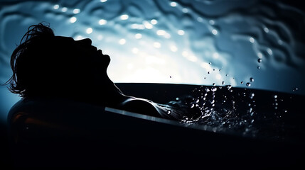Silhouette of a man laying his back on a bathtub filled with water