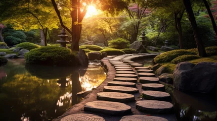 Selbstklebende Fototapeten Find your path to zen amidst a serene landscape in a japanese garden in the morning light background © Keitma
