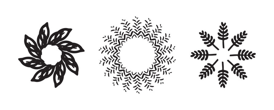 Wreath group in quirky vector style isolated on white background. Decorative frame collection for playful antique graphics. Monochrome ornate quirky illustration. 