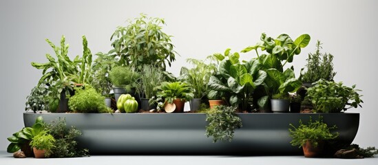 Urban garden with a metal table hosting a raised bed orchard