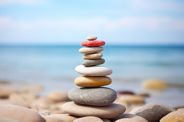 A pile of stones stacked on a pebbly beach, balance, ocean background