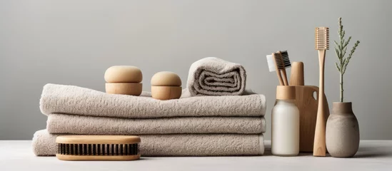 Foto op Canvas Zero waste bathroom concept featuring daily body care spa and wellness with organic waffle linen towel exfoliating body strap bamboo toothbrushes and stylish grey accessories © AkuAku