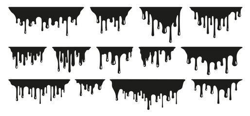 Black melting paint. Dripping splatter and dribble brush strokes with stain and leak, dirty fluid brush icons. Vector isolated set. Different borders with flowing ink, sticky liquid design