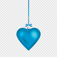 Christmas heart shape ornament with blue ribbon. Vector Illustration.